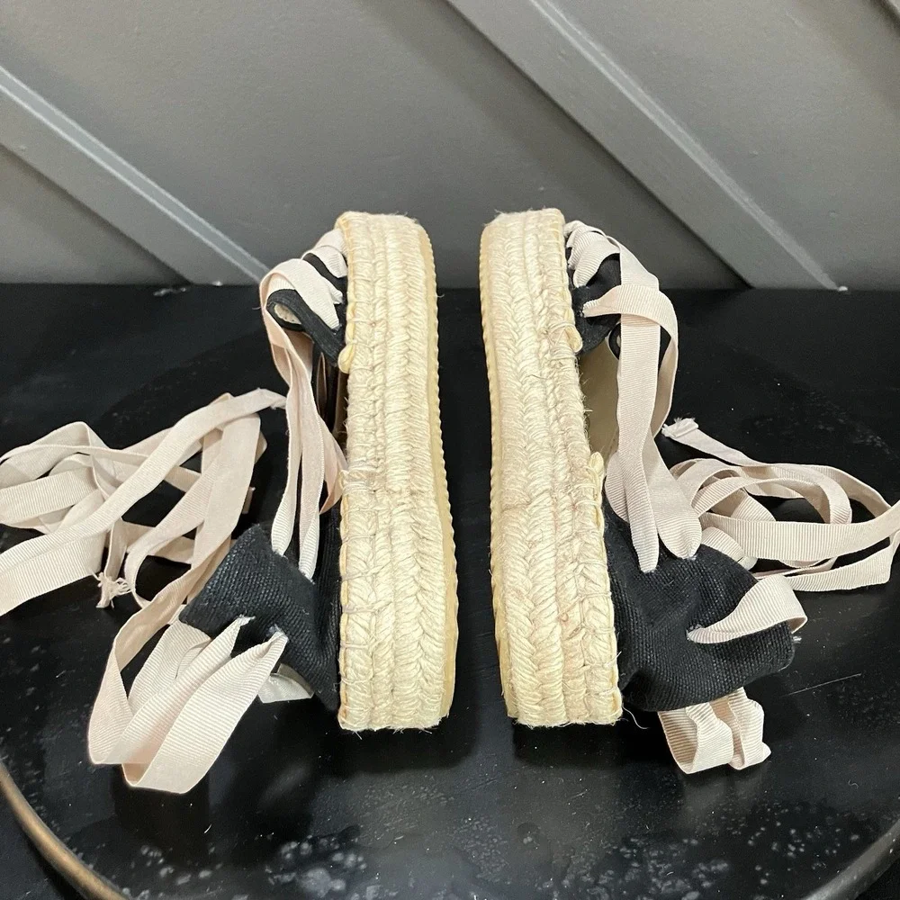 Free People Womens Size 7 EU 37 Espadrille Lace Up Ribbon Sandals Black Beige